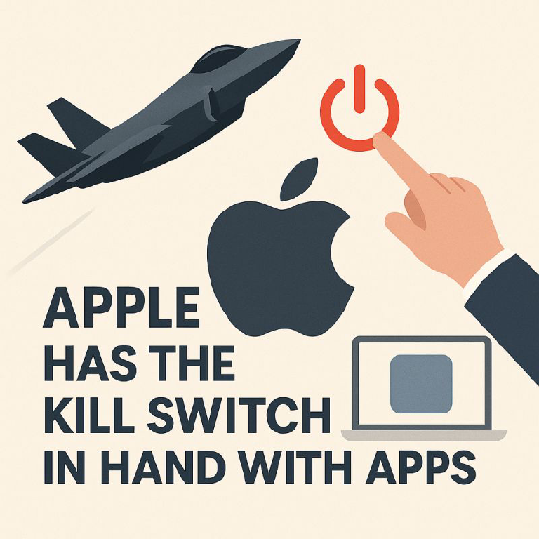 Image représentant le logo Apple avec un avion militaire en arrière plan et un bouton d'extinction appuyé.